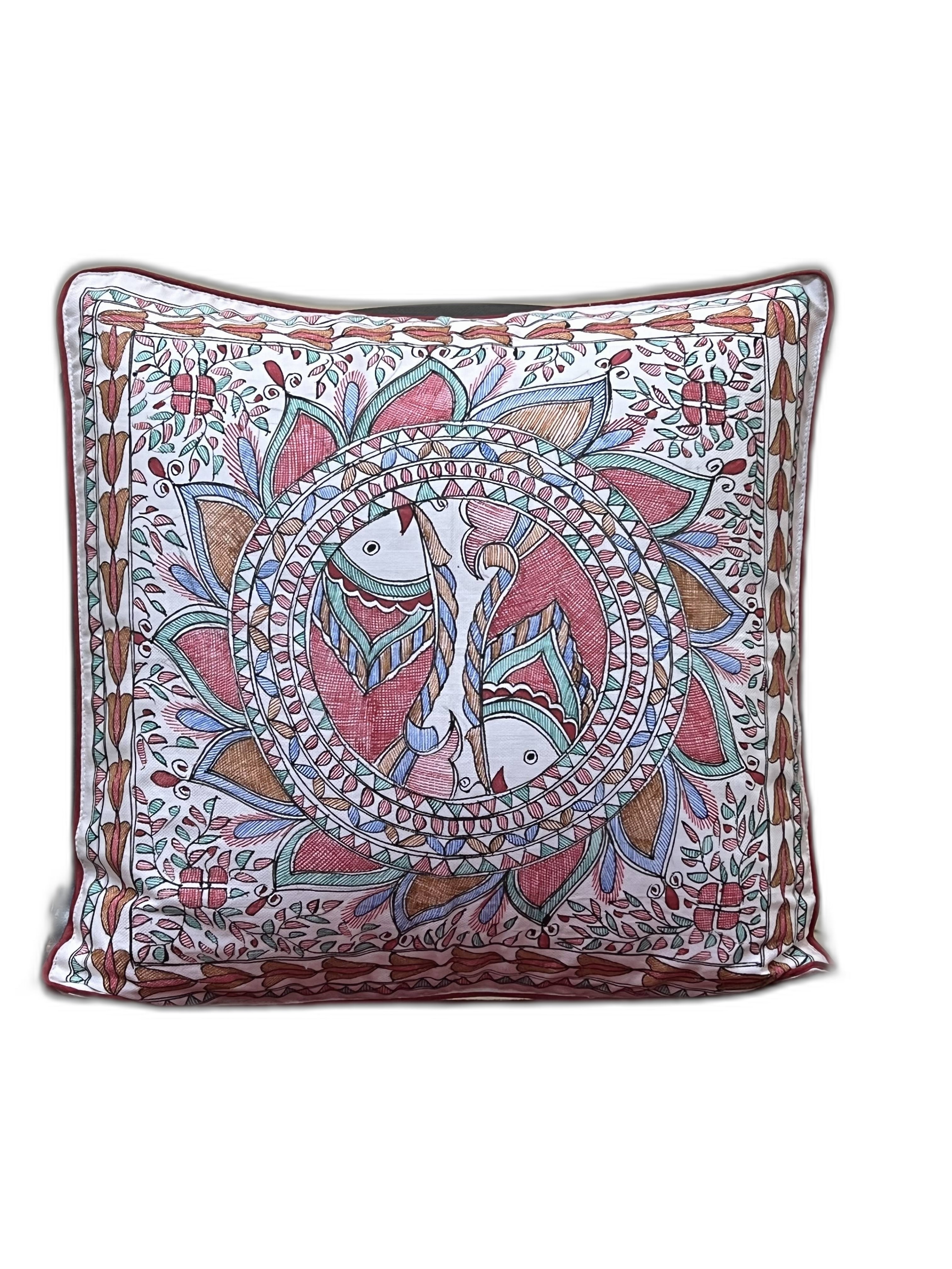 HAND-PAINTED MADHUBANI TWIN FISH CUSHION COVER
